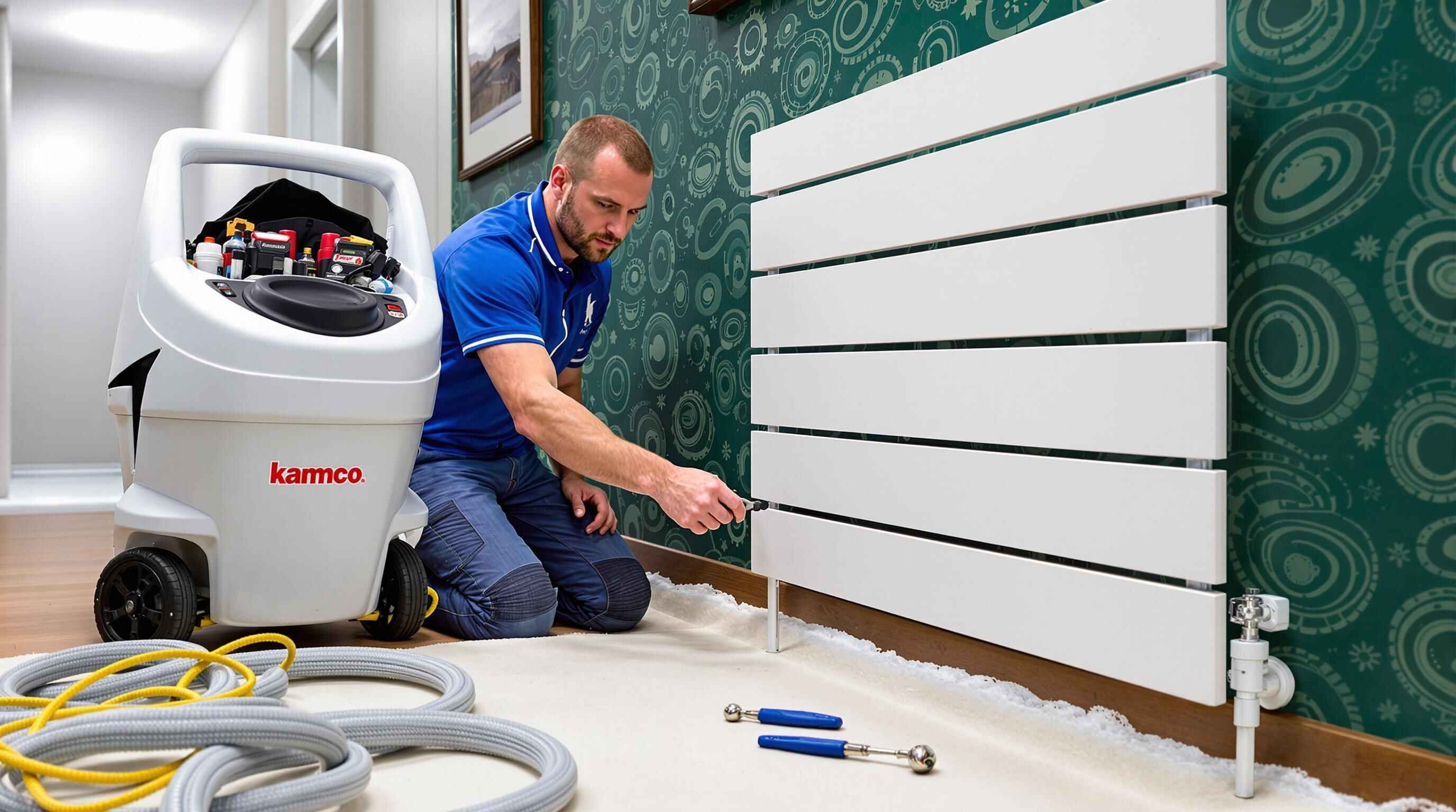 image showing a plumber performing a power flush on a radiator