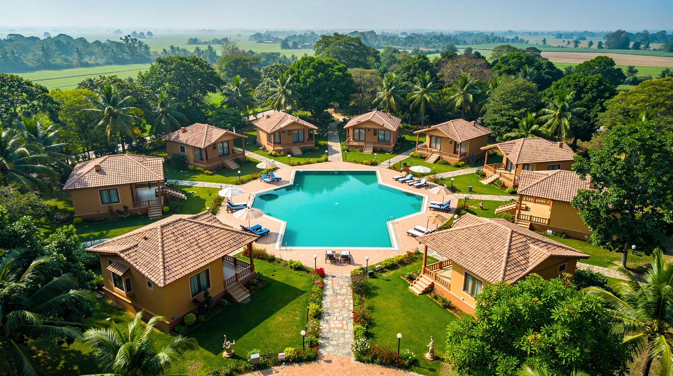 fc349851 a994 41b8 acda c87490854cc2 An aerial view showcases a mid-scale Indian resort property nestled in lush greenery, featuring a sparkling swimming pool and charming cottage-style rooms. This image highlights the resort's potential for attracting guests and enhancing the guest experience, essential elements in any detailed project report or business plan for successful hospitality ventures.