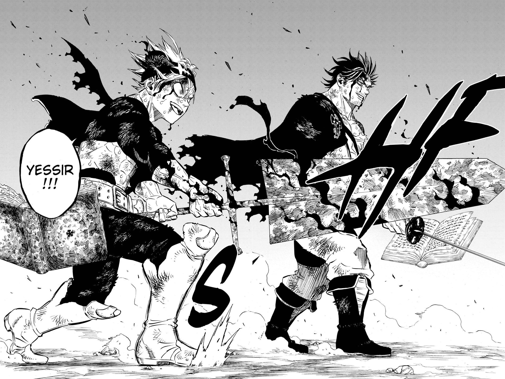 sta and Yami fighting side by side, looking all thrilled and revved up for the fight against Dante from black clover