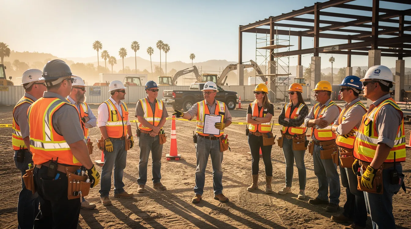 A group of construction workers wearing personal protective equipment gathers for a morning safety briefing at a Southern California construction site, emphasizing the importance of safety protocols and worker safety in the construction industry. This meeting highlights their commitment to practice safety procedures and enhance worker safety on the job site.