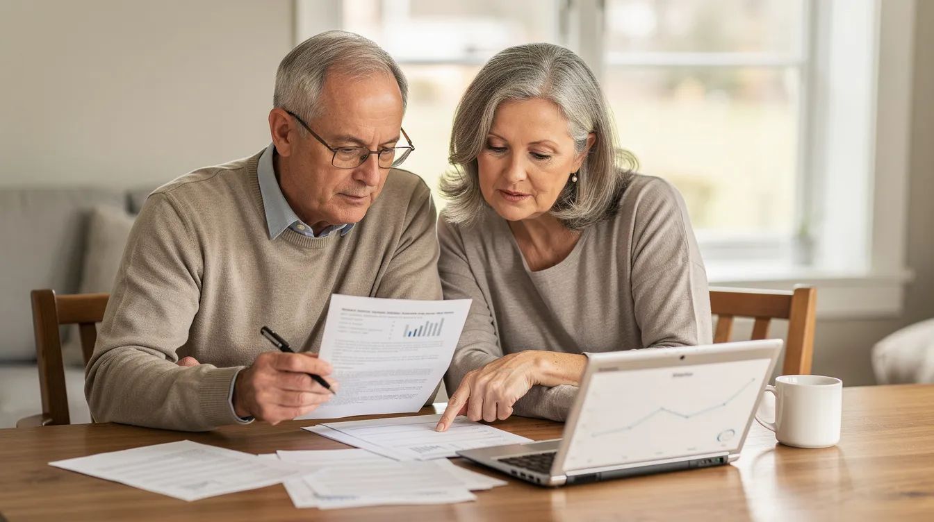 An older couple sits together at a table, closely reviewing financial documents, possibly related to their retirement savings and precious metals investments. They appear engaged and focused, reflecting on their options for purchasing physical precious metals like gold and silver coins to secure their financial future.