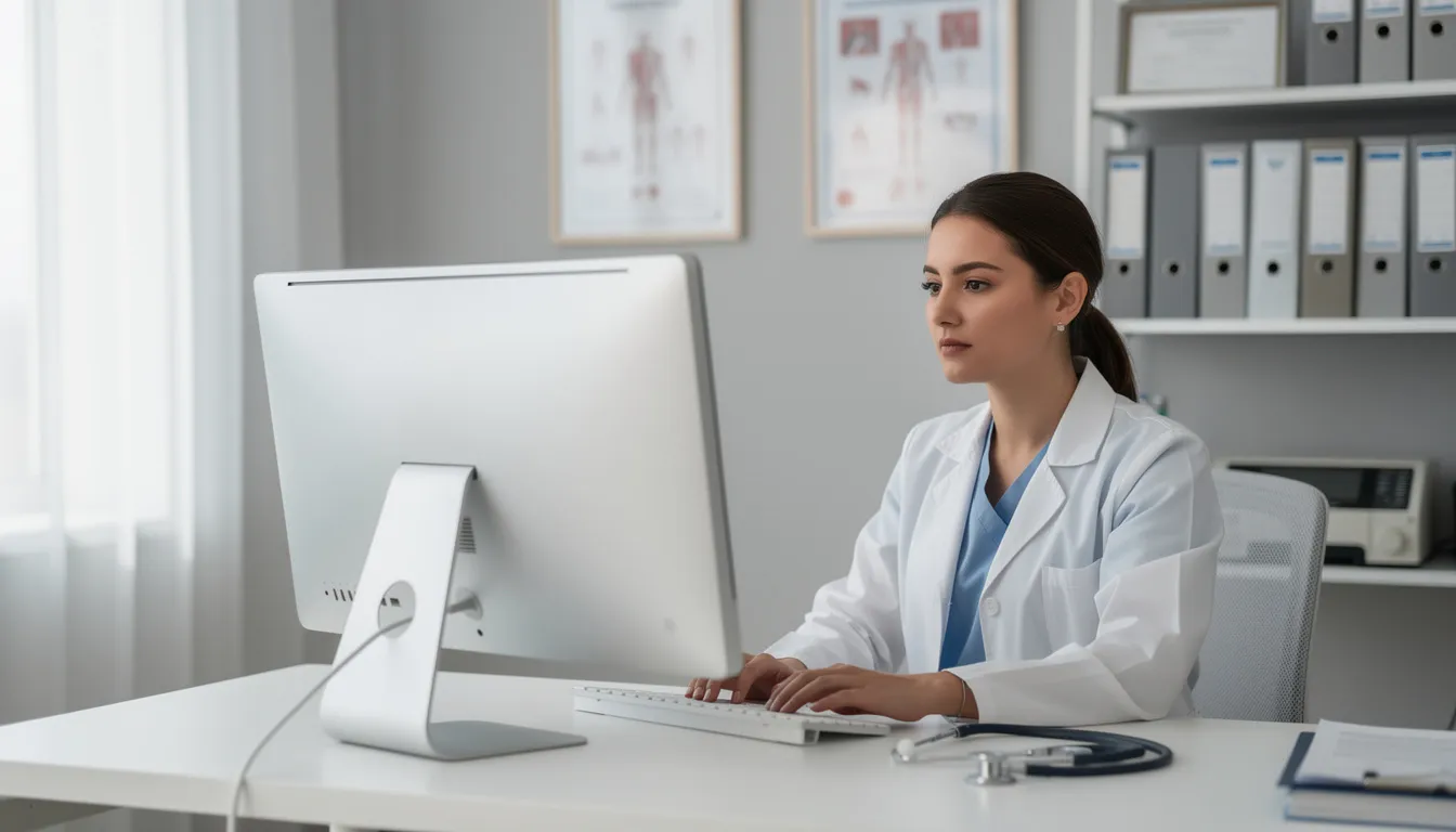 Un profesional de salud revisa la historia clínica de un paciente en una computadora dentro de un consultorio moderno, utilizando un software de gestión que permite acceder a la información de los pacientes de manera segura y en tiempo real. La escena refleja el uso de clínicas digitales que automatizan tareas administrativas para mejorar la calidad de la atención.