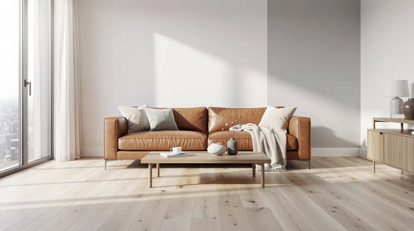En elegant italiensk lädersoffa i svart pryder ett ljust skandinaviskt vardagsrum med stora fönster och trägolv, vilket skapar en stilren och komfortabel atmosfär. Soffan, med sin italienska design, kompletteras av smakfulla inredningsdetaljer och ger rummet en exklusiv känsla.