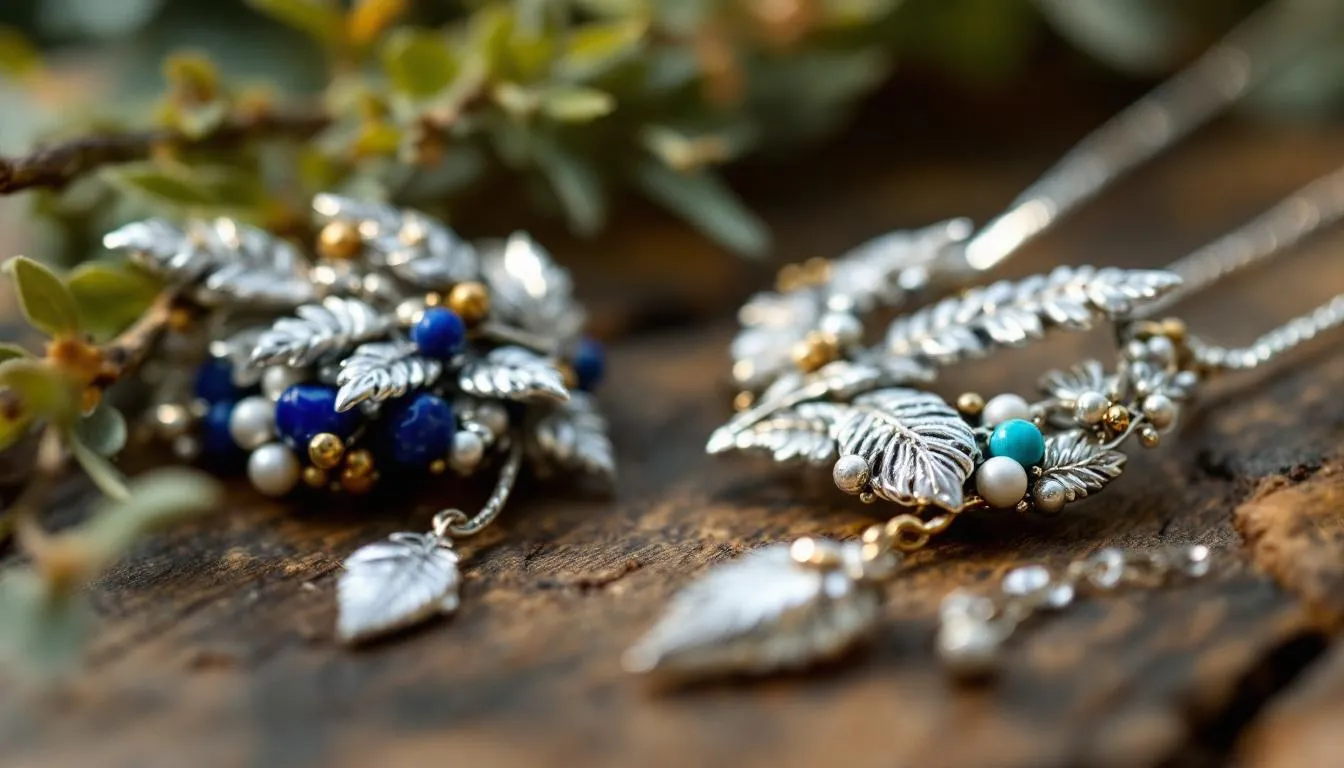 The image showcases a stunning collection of nature-inspired jewellery designs, featuring delicate sterling silver pieces adorned with organic motifs and abstract shapes. This jewellery collection highlights the timeless beauty of mixed metal jewellery, combining silver with rose gold and yellow gold, perfect for everyday wear or special occasions.