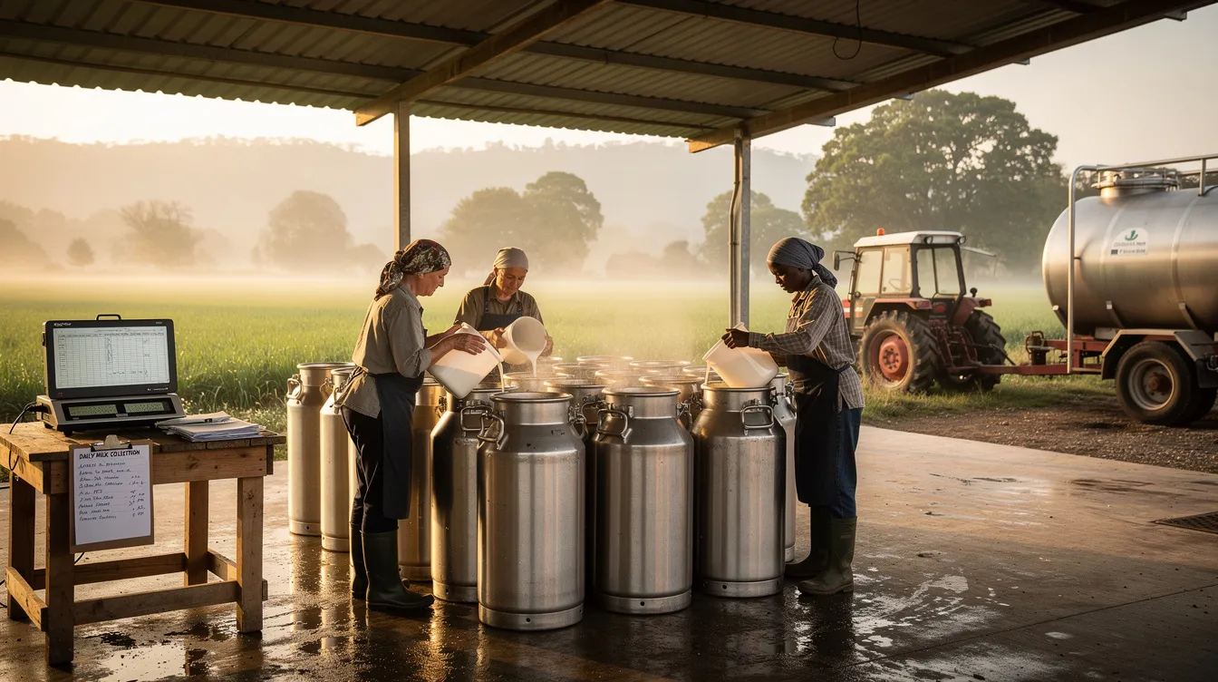 Dairy farm workers are seen collecting fresh milk in stainless steel containers at a rural collection center, highlighting the essential step in the ghee manufacturing process. This scene emphasizes the importance of quality raw materials in the ghee manufacturing industry, which is vital for producing traditional dairy products.