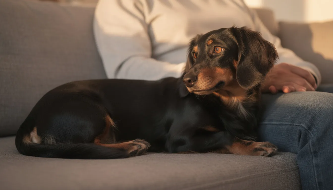 Na kanapie leży czarny jamnik długowłosy obok swojego opiekuna, co podkreśla silną więź między psem a człowiekiem. Sierść jamnika długowłosego jest miękka i lśniąca, a jego obecność w domu dodaje uroku i radości.