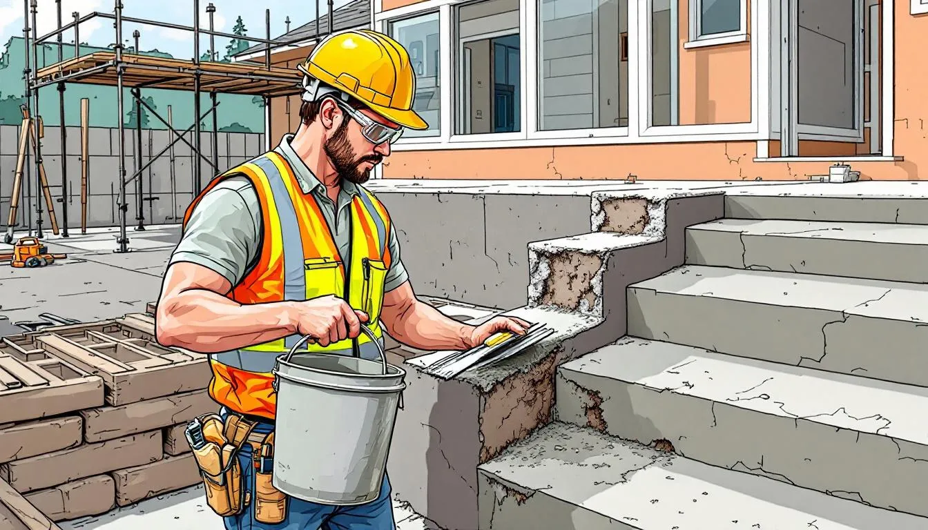 A person applying a concrete sealer on freshly repaired concrete steps using a roller.