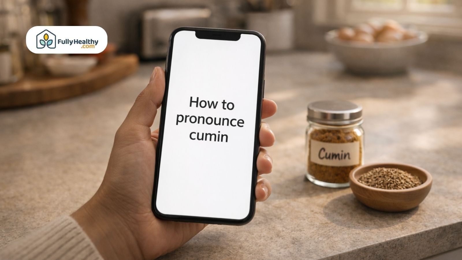 Smartphone displaying how to pronounce cumin beside spice jar