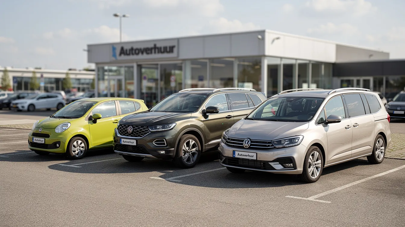 Een diverse rij huurauto's staat geparkeerd, waaronder een kleine stadsauto, een SUV en een minivan, perfect voor reizigers die een auto willen huren in Casablanca. Deze voertuigen zijn ideaal voor het verkennen van de stad en het bezoeken van bezienswaardigheden zoals de Hassan II moskee.