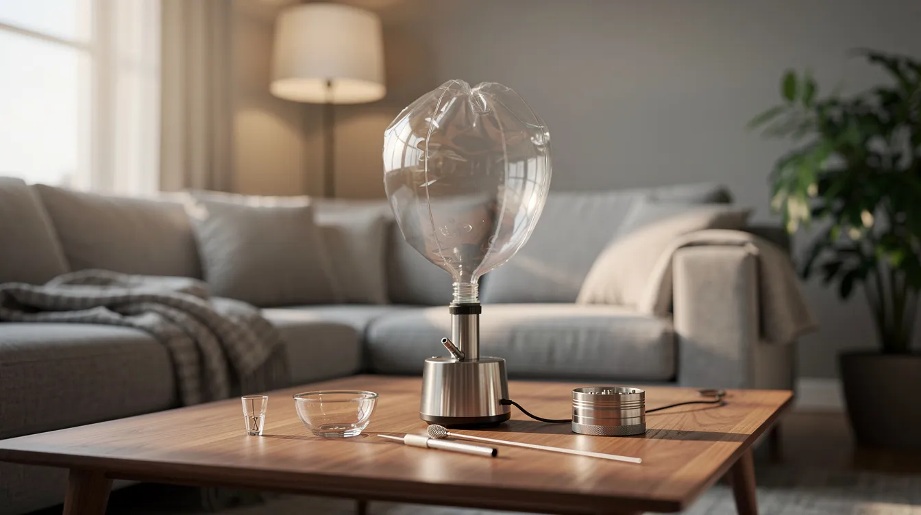The image depicts a desktop balloon vaporizer set up in a cozy living room, showcasing its sleek design and glass components. This vaporizer, known for producing the best vapor quality through hybrid heating, is accompanied by a water pipe adapter and is ideal for enjoying dry herb in a comfortable environment.