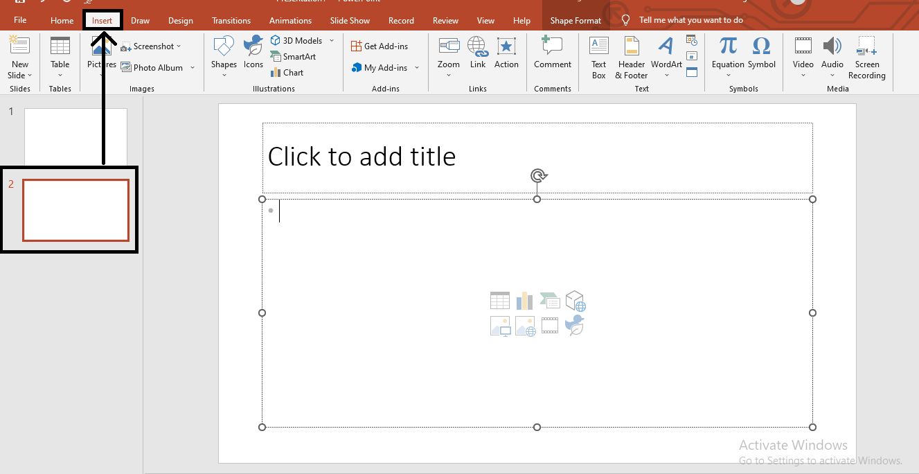 Select a blank slide in your presentation and click "Insert" tab.