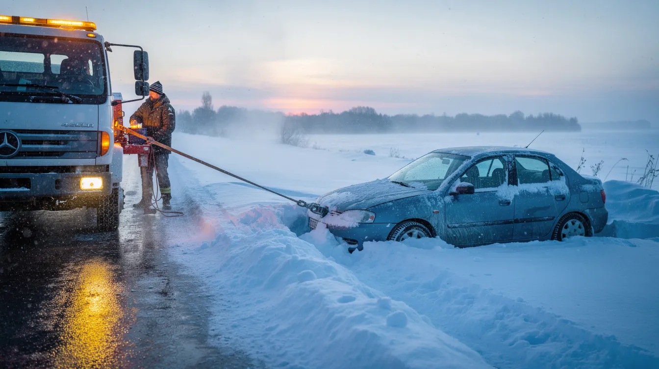 A tow truck is pulling a car out of a snowbank on a cold winter morning, highlighting the challenges drivers face during winter weather. This scene emphasizes the importance of having adequate car insurance coverage, especially when dealing with potential car accidents in icy conditions.