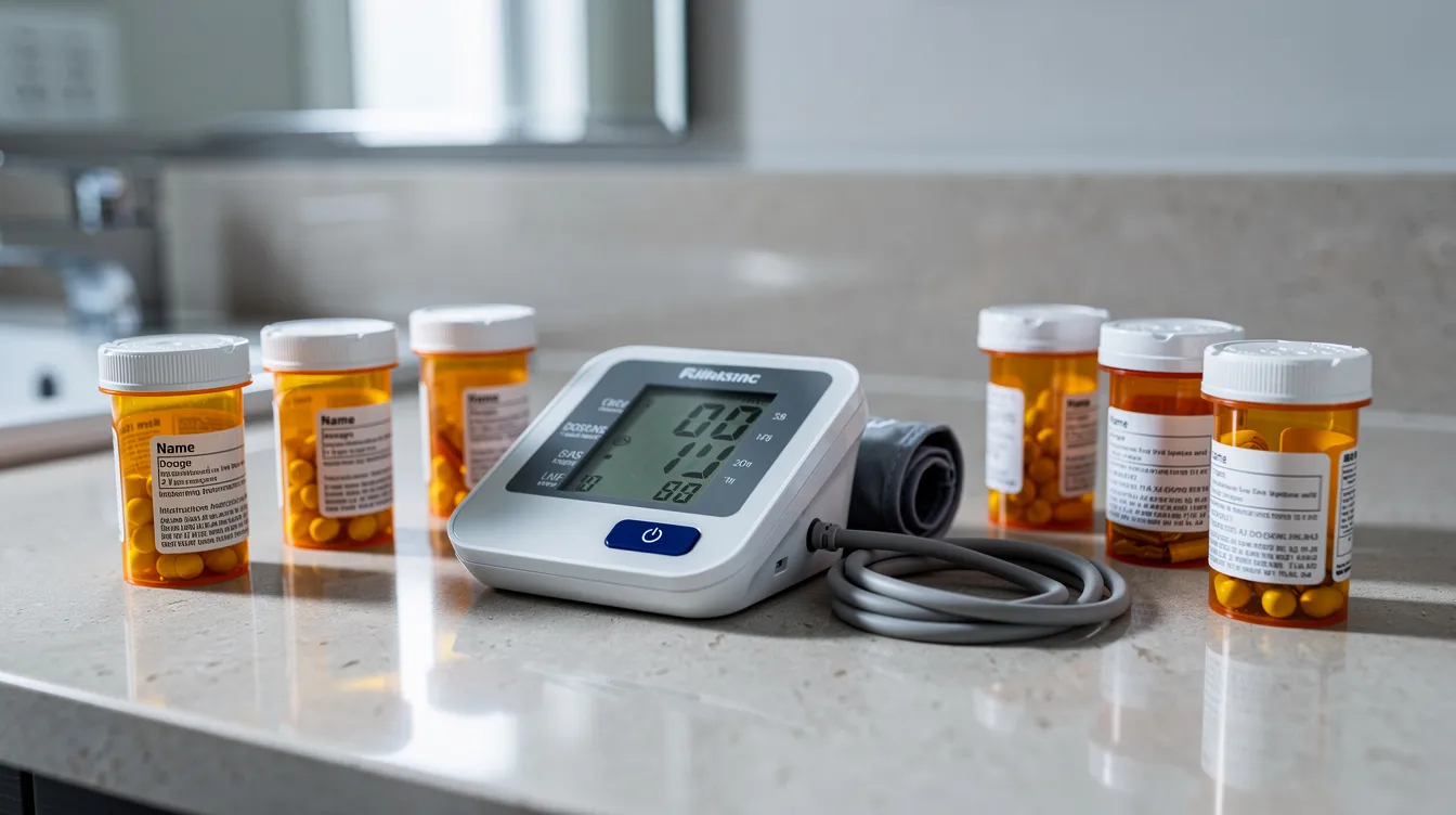 The image shows a blood pressure monitor alongside several medication bottles on a bathroom counter, highlighting the importance of monitoring health, especially for older adults at risk of high blood pressure and other alcohol-related health outcomes. This setup serves as a reminder of the potential health risks associated with alcohol consumption and the need for proper medical guidance.