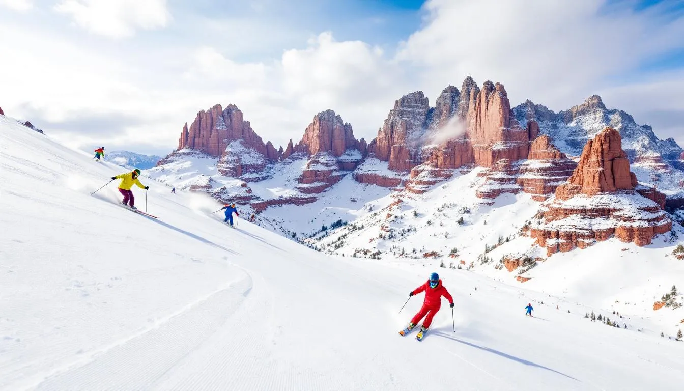 A group of skiers gracefully descends powder-covered slopes at Brian Head Resort, with striking red rock formations from Cedar Breaks National Monument visible in the background. The scene captures the beauty of winter in Southern Utah, where nature and recreation coexist harmoniously.