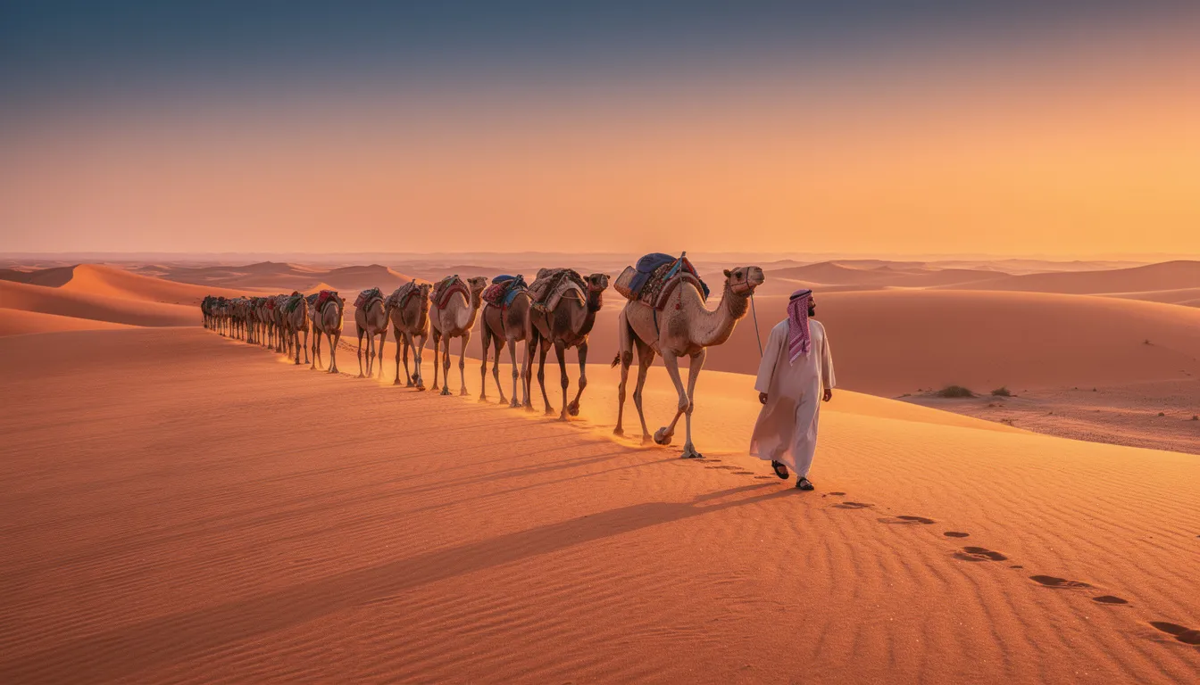 A camel caravan is gracefully traversing the vibrant orange sand dunes of the Sahara Desert at sunset, casting long shadows as the day transitions to night. This picturesque scene captures the essence of Morocco, inviting travelers to explore the cultural attractions and natural beauty surrounding Marrakech.