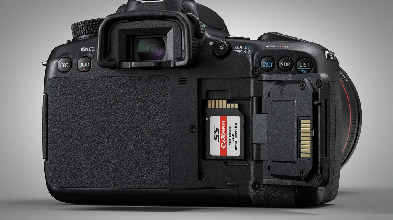 Die seitliche Ansicht einer Canon Kamera zeigt ein geöffnetes Kartenfach, in dem eine SDXC-Speicherkarte steckt. Diese Digitalkamera ist ideal für Fotografen, die Wert auf hohe Speicherkapazität und schnelle Schreibgeschwindigkeit legen.