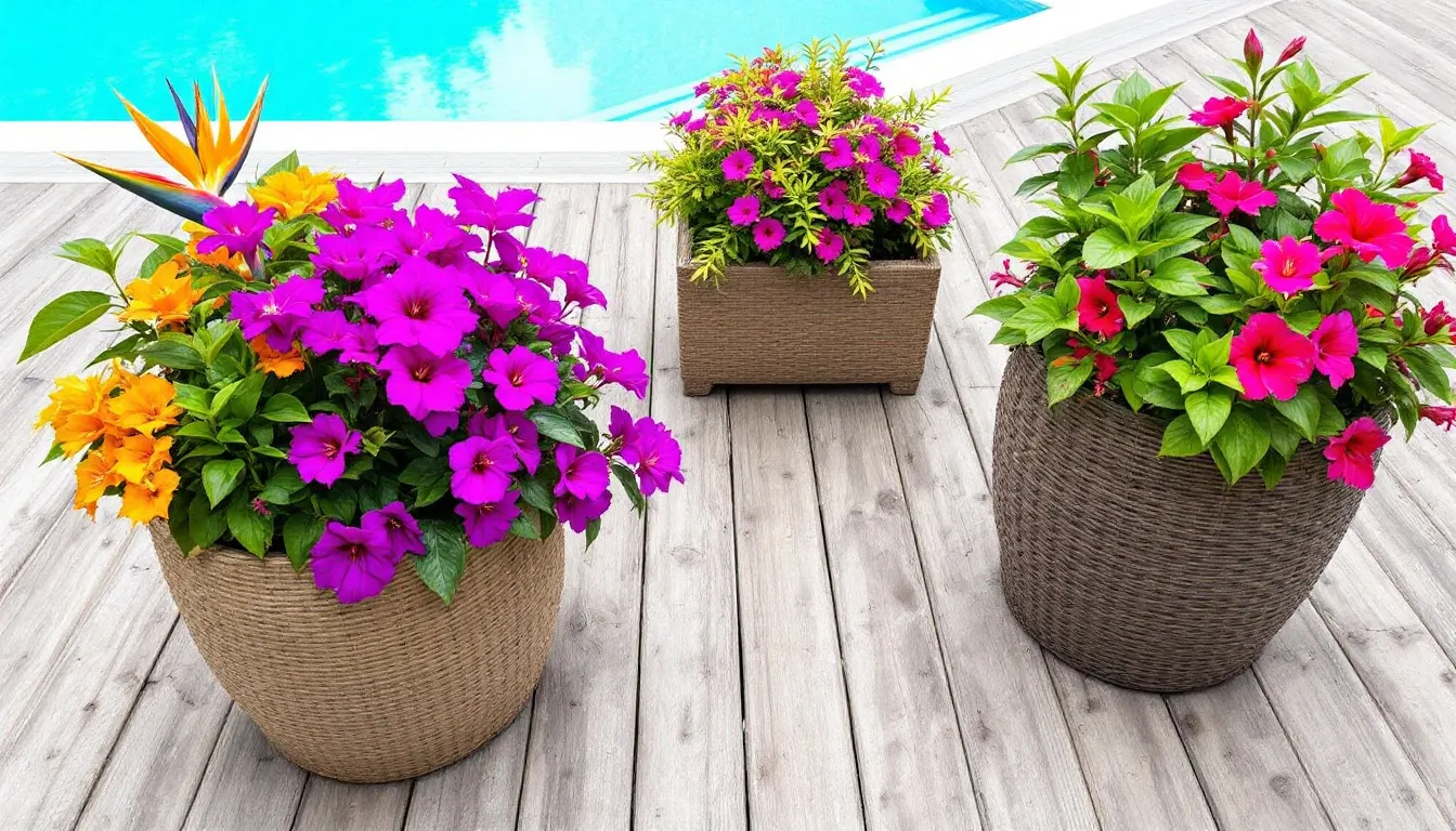 Planters filled with colorful plants enhancing the poolside area.