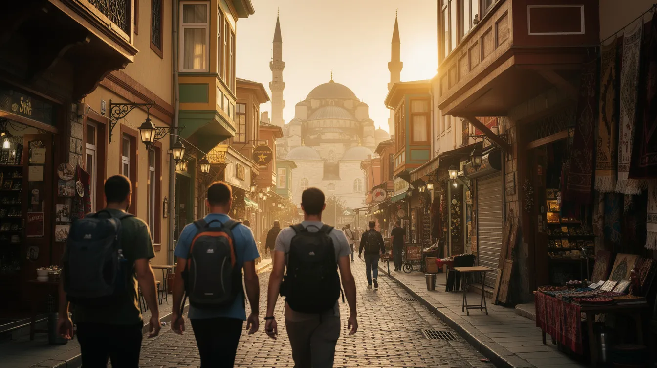 Un grupo de viajeros camina por una calle histórica de Estambul, rodeados de impresionantes mezquitas que se alzan al fondo, reflejando la rica cultura y arquitectura de Turquía. La escena captura la esencia del turismo en esta vibrante ciudad del Oriente Medio.