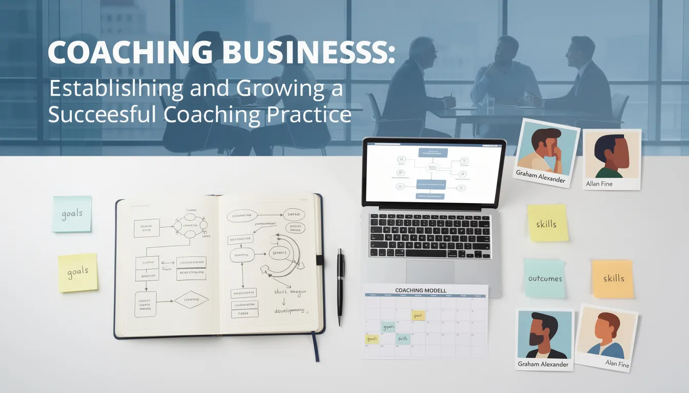 An image depicting a coaching business setting where a coach engages in a structured coaching session with a client, emphasizing the coaching relationship and the use of effective coaching methodologies like the GROW model. The scene illustrates the importance of personal development and interpersonal skills as the coach encourages the client to explore their goals and desired outcomes.