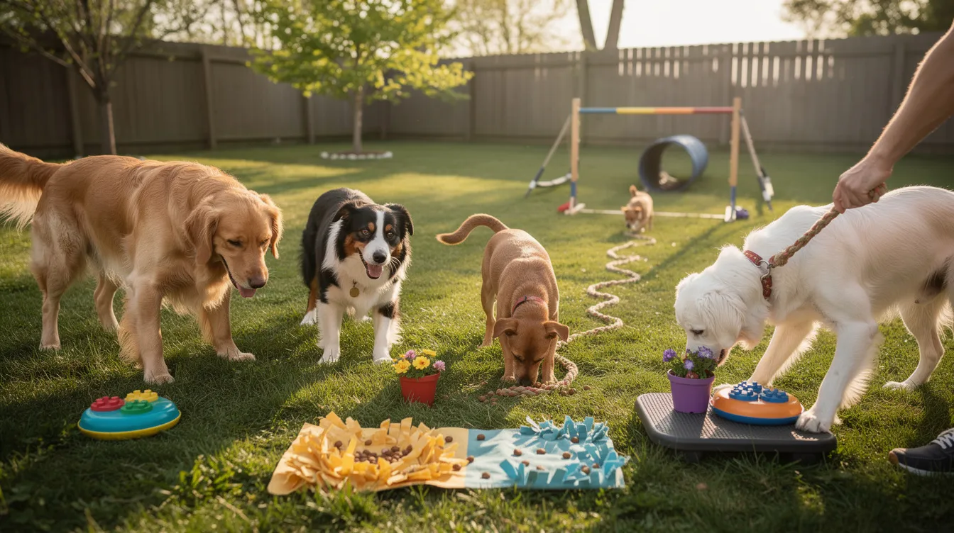 The image depicts a lively dog engaging in various enrichment activities, including sniffing through a cardboard box filled with hidden treats and playing with puzzle toys. This scene showcases the dog's natural behaviors and provides mental stimulation, promoting both physical exercise and problem-solving skills.