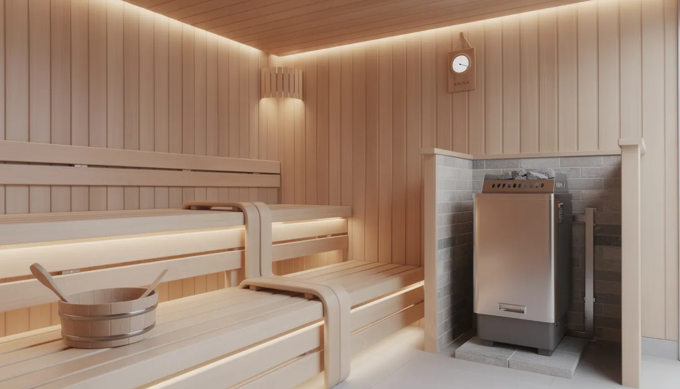 The image depicts the interior of a well-designed indoor sauna, showcasing the proper clearance between the sauna heater and the wooden walls, ensuring safety and heat efficiency. The space features cedar planks and ample light from strategically placed sauna windows, creating a welcoming sauna experience for users.