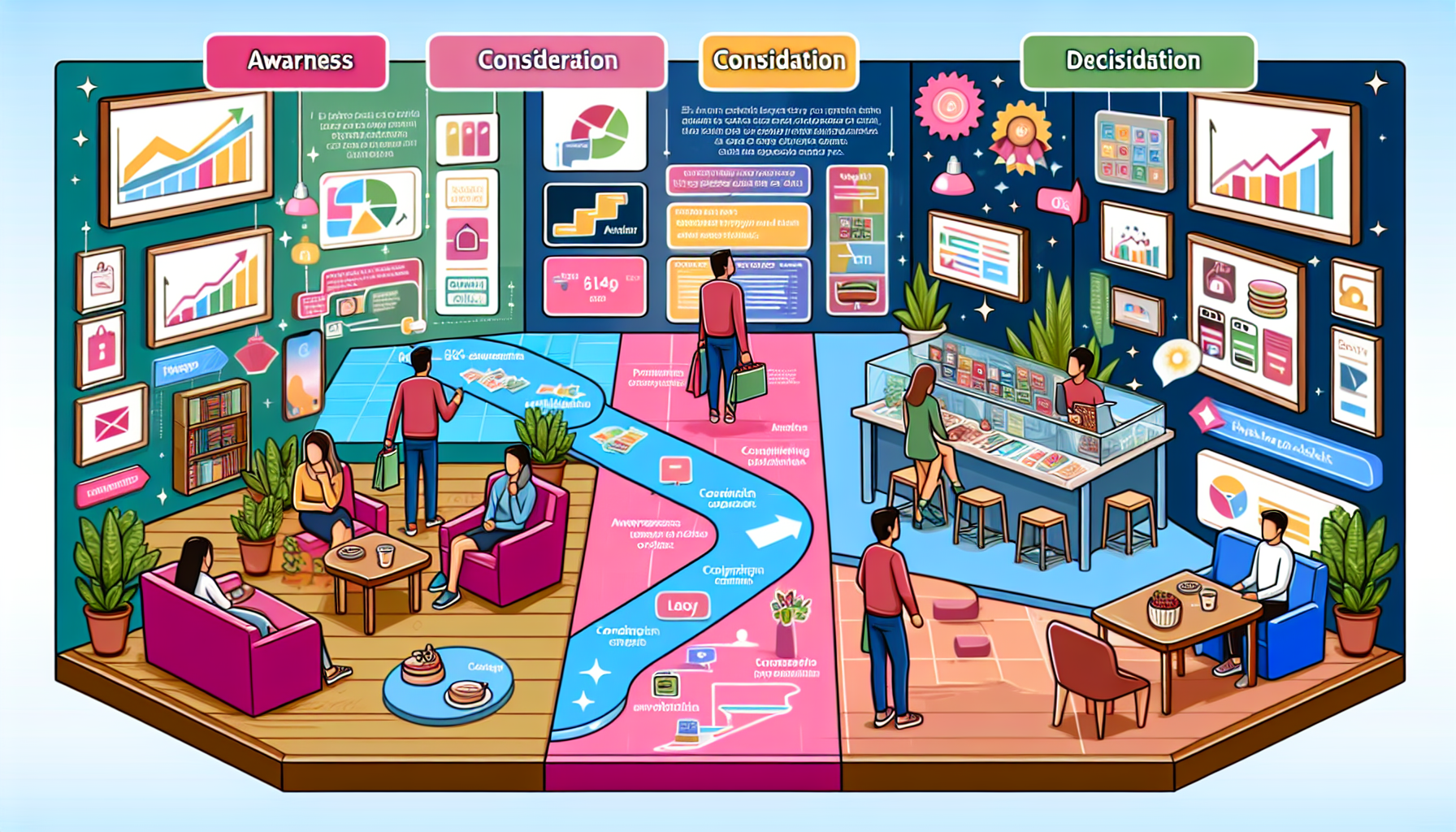 A visual representation of the buyer's journey stages and corresponding content strategies.