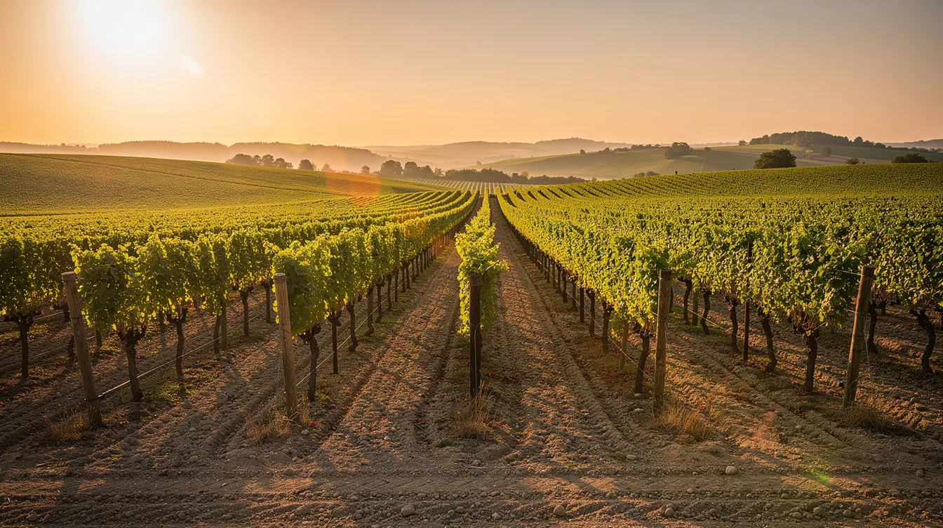 The image depicts vineyard rows in Clarksburg wine country, illuminated by warm golden light, with long shadows stretching across the fertile silty soil. This serene vineyard setting showcases the beauty of the Sacramento River Delta, inviting visitors for wine tasting and private events amidst the picturesque landscape.
