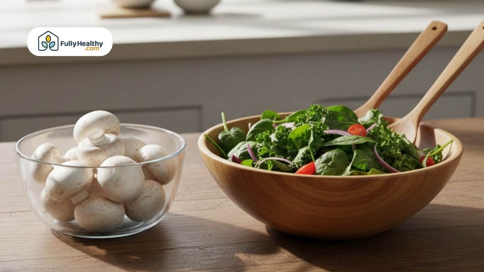 Glass bowl of fresh white mushrooms next to a leafy green salad in a wooden bowl.
