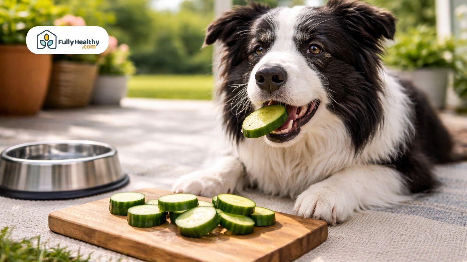 Border Collie holding cucumber slice beside wooden board with cucumber rounds outdoors