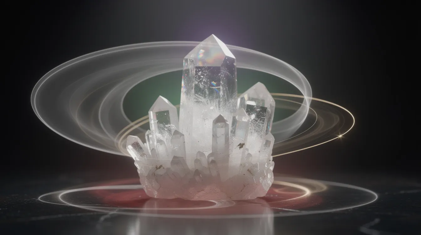 The image showcases a clear quartz crystal, known as the master healer, which is believed to absorb negative energy and enhance mental clarity. Its multifaceted healing properties promote emotional balance and spiritual growth, making it a powerful tool for personal well-being and meditation practices.