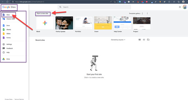 Google Sites Start A New Website