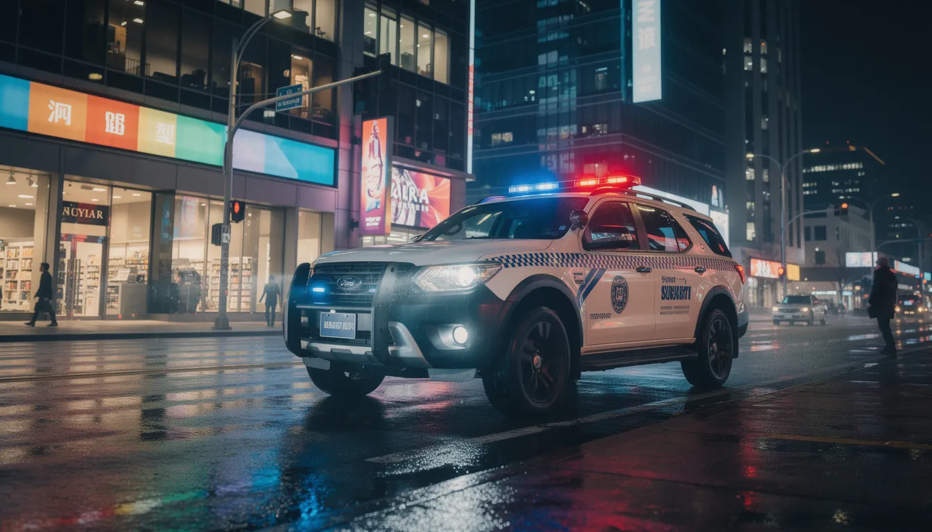 A security patrol vehicle is seen driving through a commercial district at night, with illuminated buildings providing a backdrop. The visible presence of the mobile patrol enhances public safety, ensuring that potential threats are deterred in this vibrant urban environment.