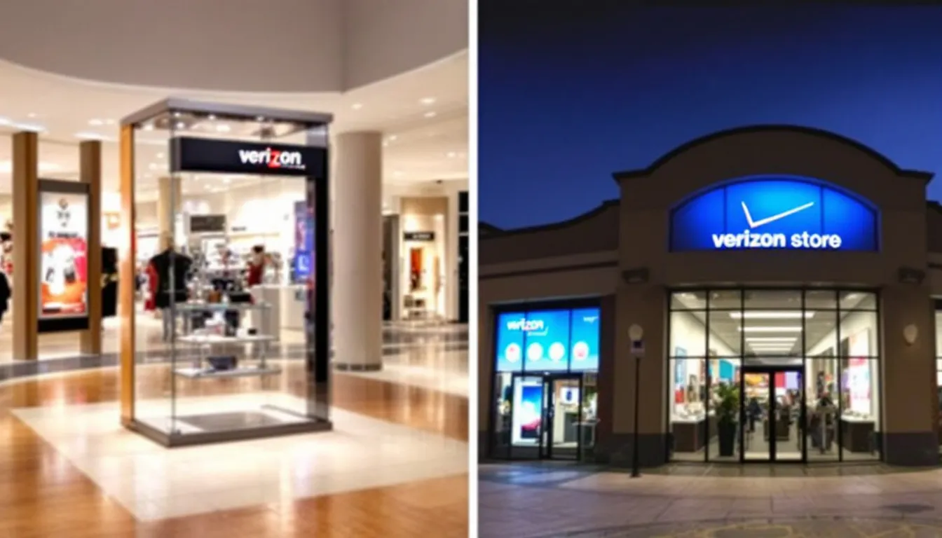 The image showcases various types of Verizon store locations, including mall kiosks and standalone stores, highlighting the diverse options available for customers to visit. Each location offers services such as purchasing new phones, accessing online orders, and receiving professional assistance from employees.