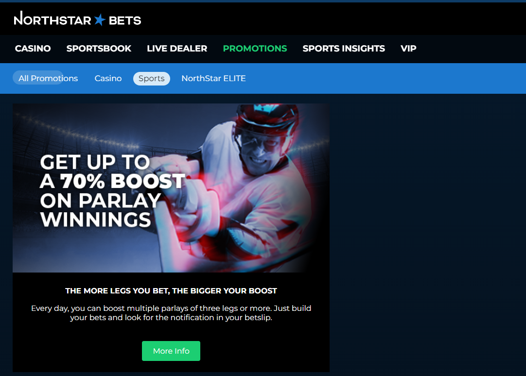 A screenshot view of the NorthStar Bets 70% parlay boost.