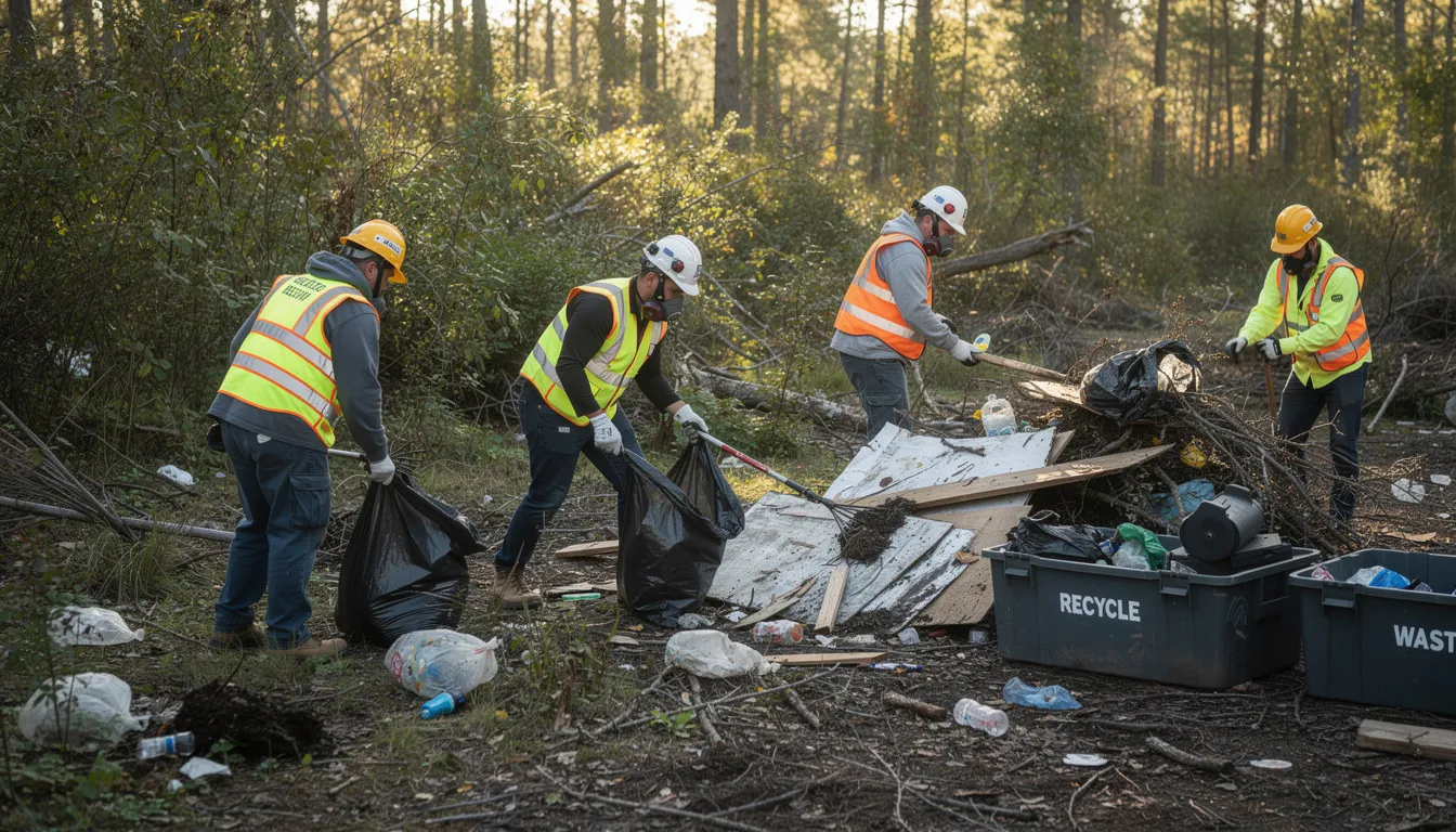 A professional crew in protective gear is actively removing debris from a wooded area, part of an encampment cleanup effort aimed at addressing homelessness in Los Angeles County. The team is focused on restoring the environment by clearing away tents and belongings left by individuals who may have been residing there.