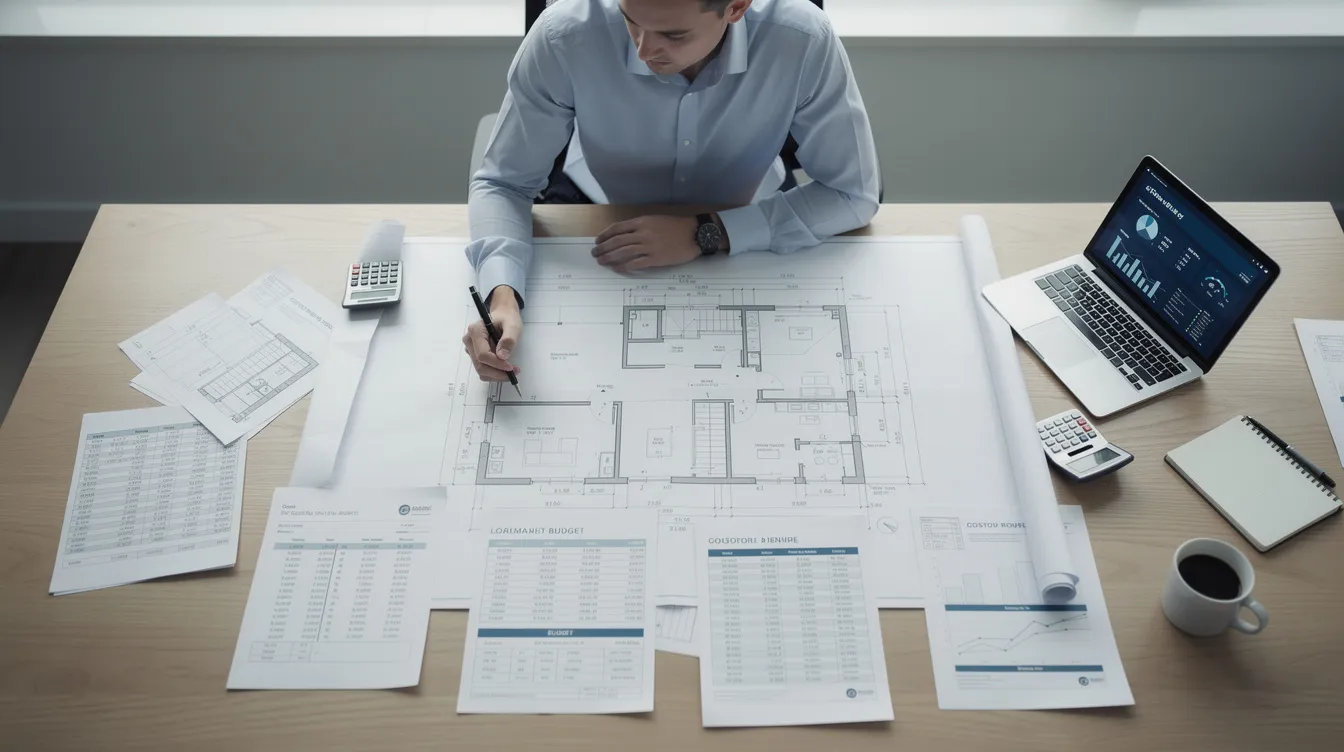 The image shows a person intently reviewing architectural blueprints and financial documents laid out on a table, highlighting their involvement in real estate investing and fix and flip projects. This scene reflects the meticulous planning required for successful renovations and the use of hard money loans to finance these investment properties.