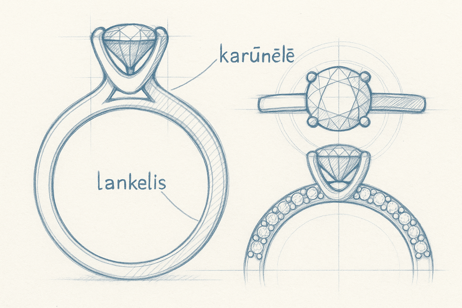 Pieštuku nubraižytas žiedo profilis su pažymėtais elementais „lankelis“ ir „karūnėlė"