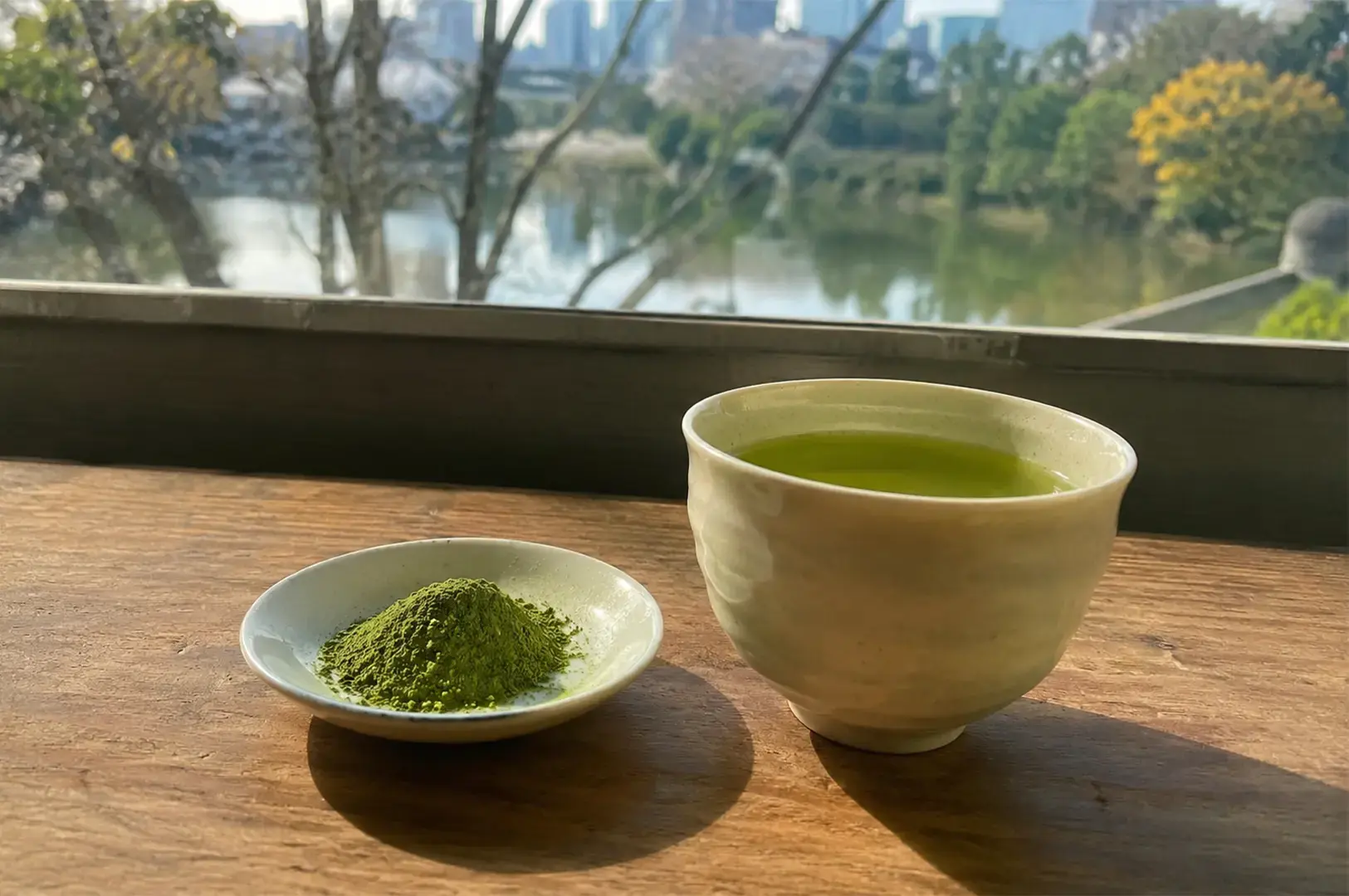 A small white plate holding a mound of vibrant, powdered green matcha sits on a wooden counter next to a matching white tea cup filled with prepared green tea, all set against a backdrop of a window overlooking a park with trees and water.