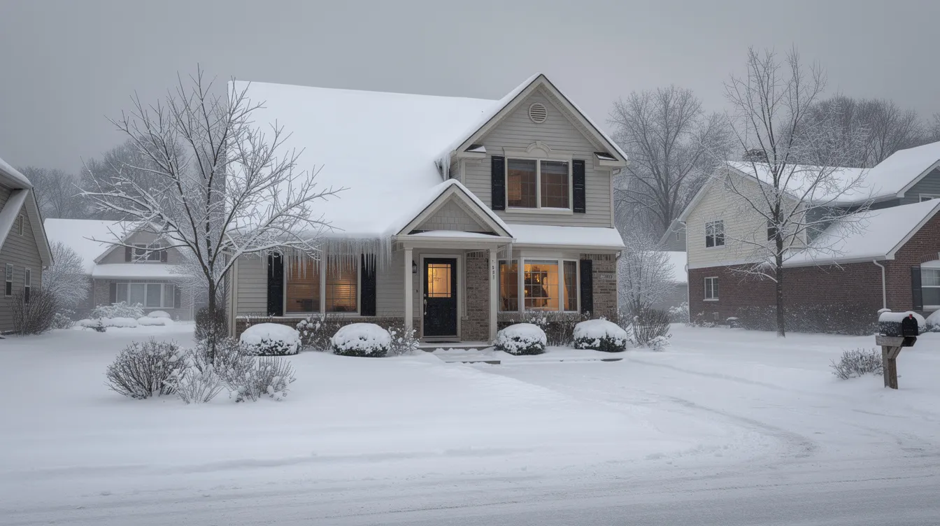 A residential home in a Michigan neighborhood features a snow-covered roof, showcasing typical asphalt shingles that are common in the area. The image highlights the impact of Michigan's winter weather on roofing materials, emphasizing the importance of proper attic ventilation to prevent ice dams and extend the roof's lifespan.