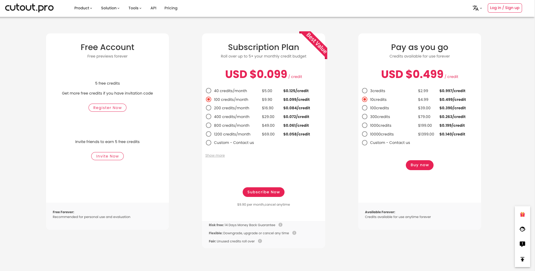 Cutout.Pro pricing plans showing Free Account, monthly credit Subscriptions, and Pay-as-You-Go options with tiered rates per credit