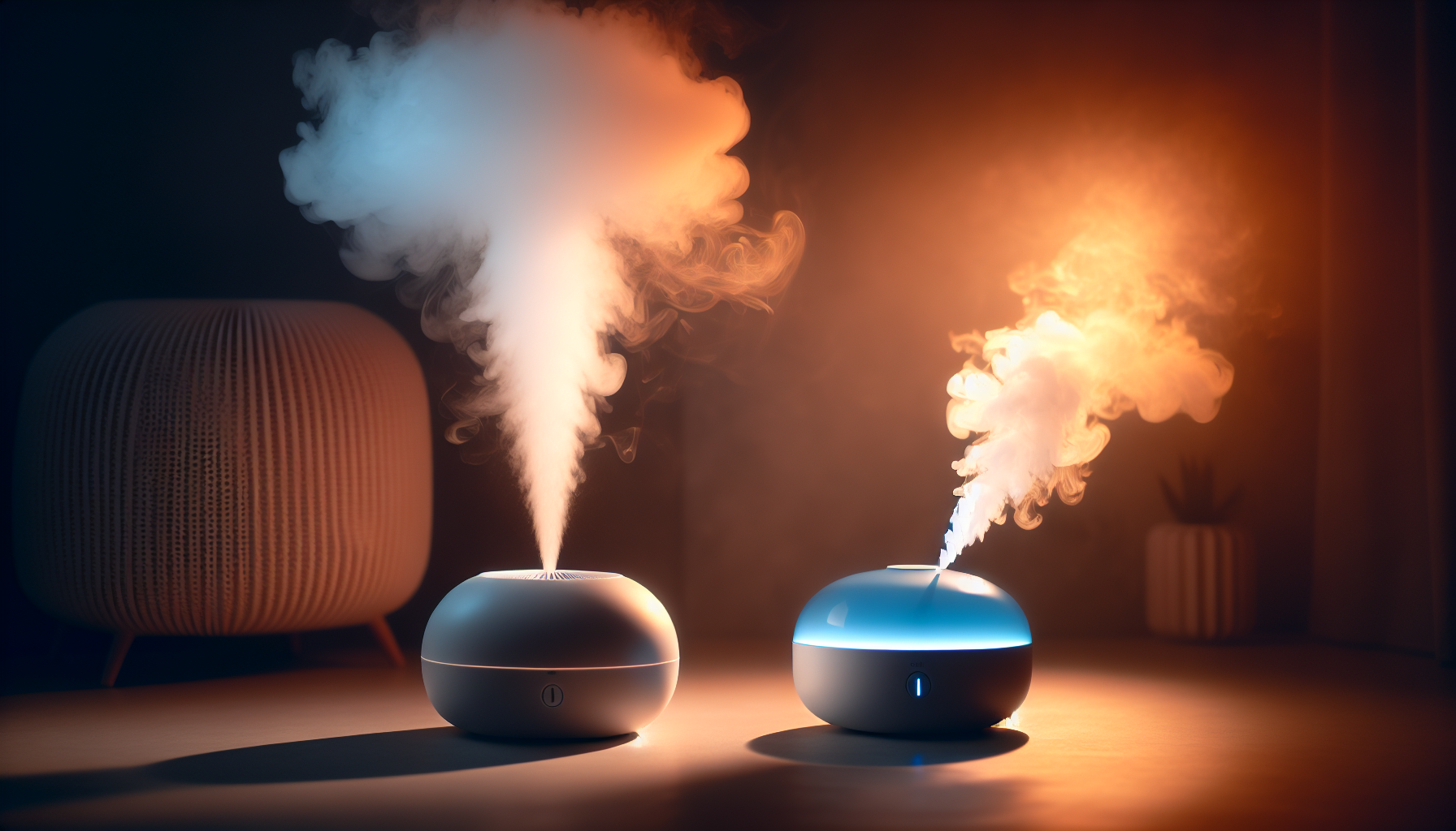 Two mist humidifiers, one emitting cool mist and the other warm mist