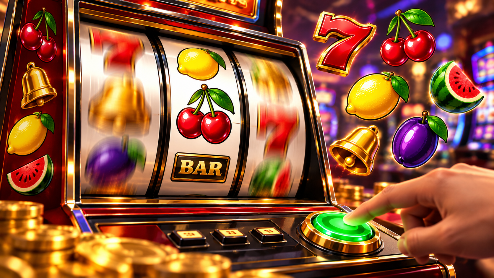 Fruitautomaat tijdens een spin met draaiende rollen, fruitsymbolen en een speler die op de knop drukt.