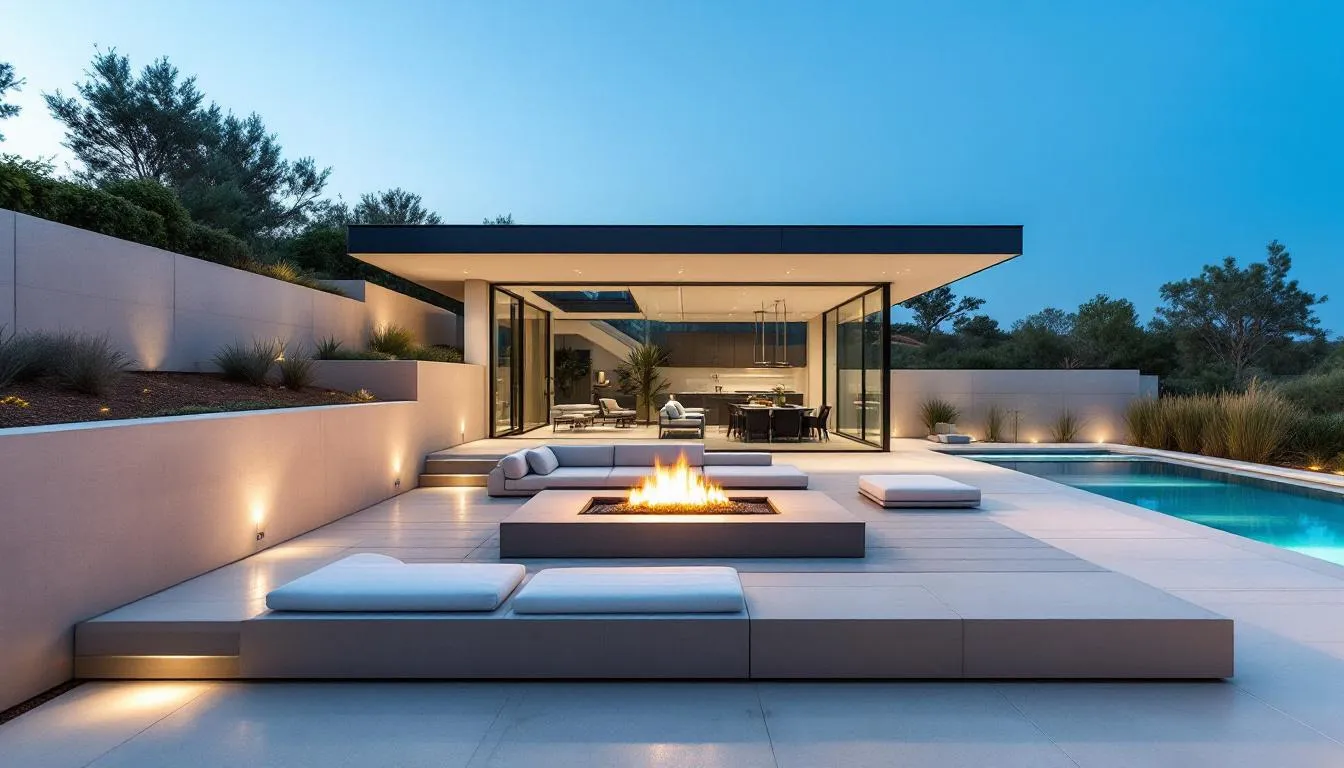 An outdoor area featuring hardscaping elements like retaining walls and a fire pit, enhancing the pool area for outdoor living.