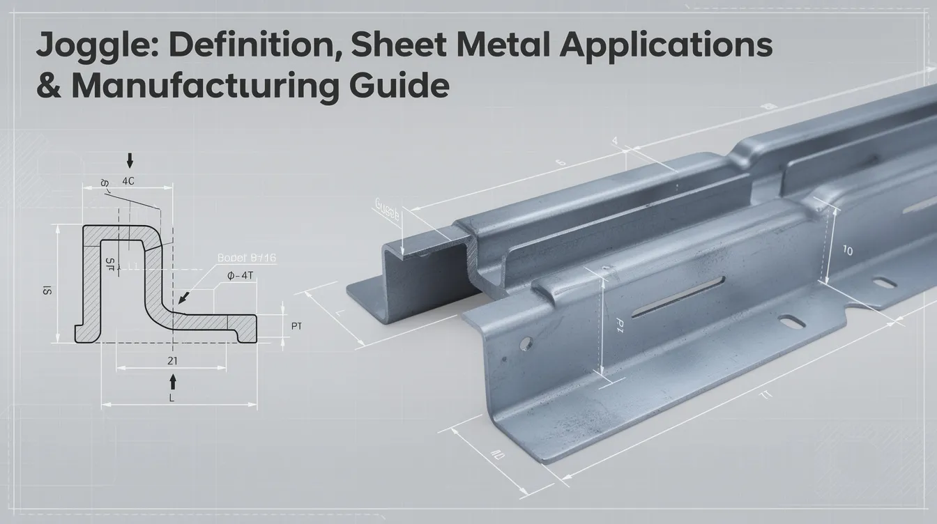 The image illustrates a detailed guide on joggle, a term used in sheet metal applications, showcasing various tools and techniques for creating a flush surface with small offsets to prevent sliding in joints. It features diagrams and text explaining the meaning and manufacturing processes involved in utilizing joggles in building materials.