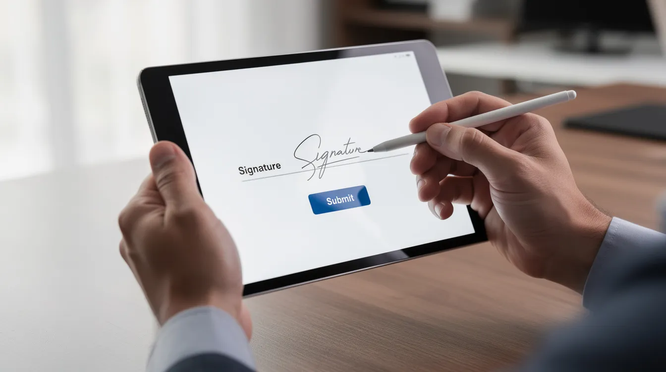 A person is using a tablet to digitally sign a document with a stylus, indicating the completion of a loan application process. The scene suggests a modern approach to submitting financial documents, possibly related to a loan product or financial institution.