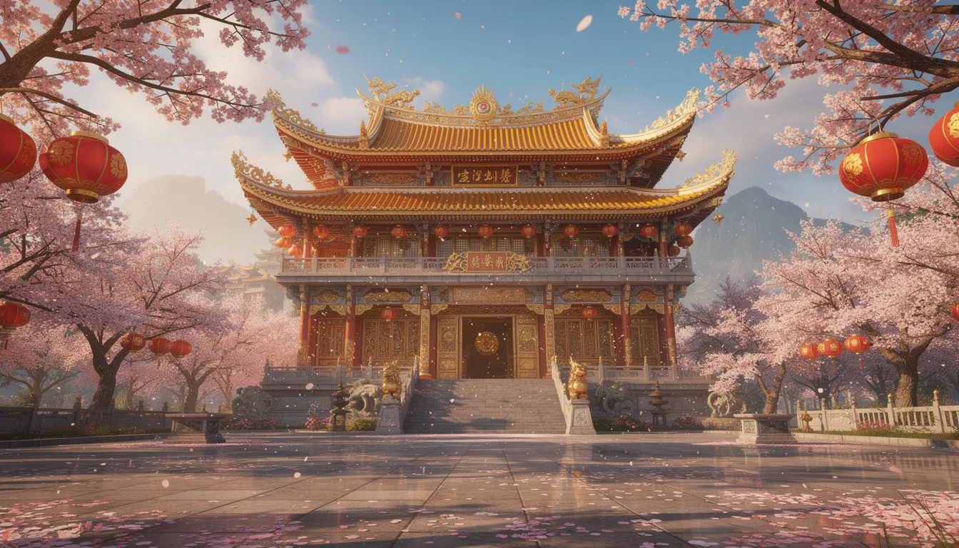 En majestätisk asiatisk palats med gyllene dekorationer omgiven av blommande körsbärsträd. Denna storslagna scen fångar essensen av traditionell arkitektur och skönhet, perfekt för fantasma-spel och slots.