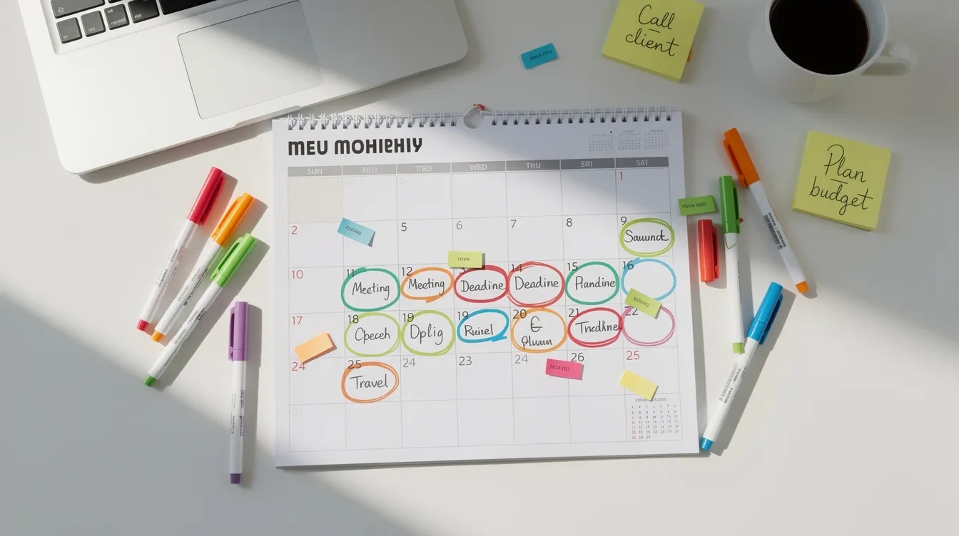 The image shows a calendar with several highlighted dates and planning markers, indicating scheduled activities and important deadlines. This visual representation aids in managing data and streamlining workflows, contributing to operational efficiency and effective planning for business growth.