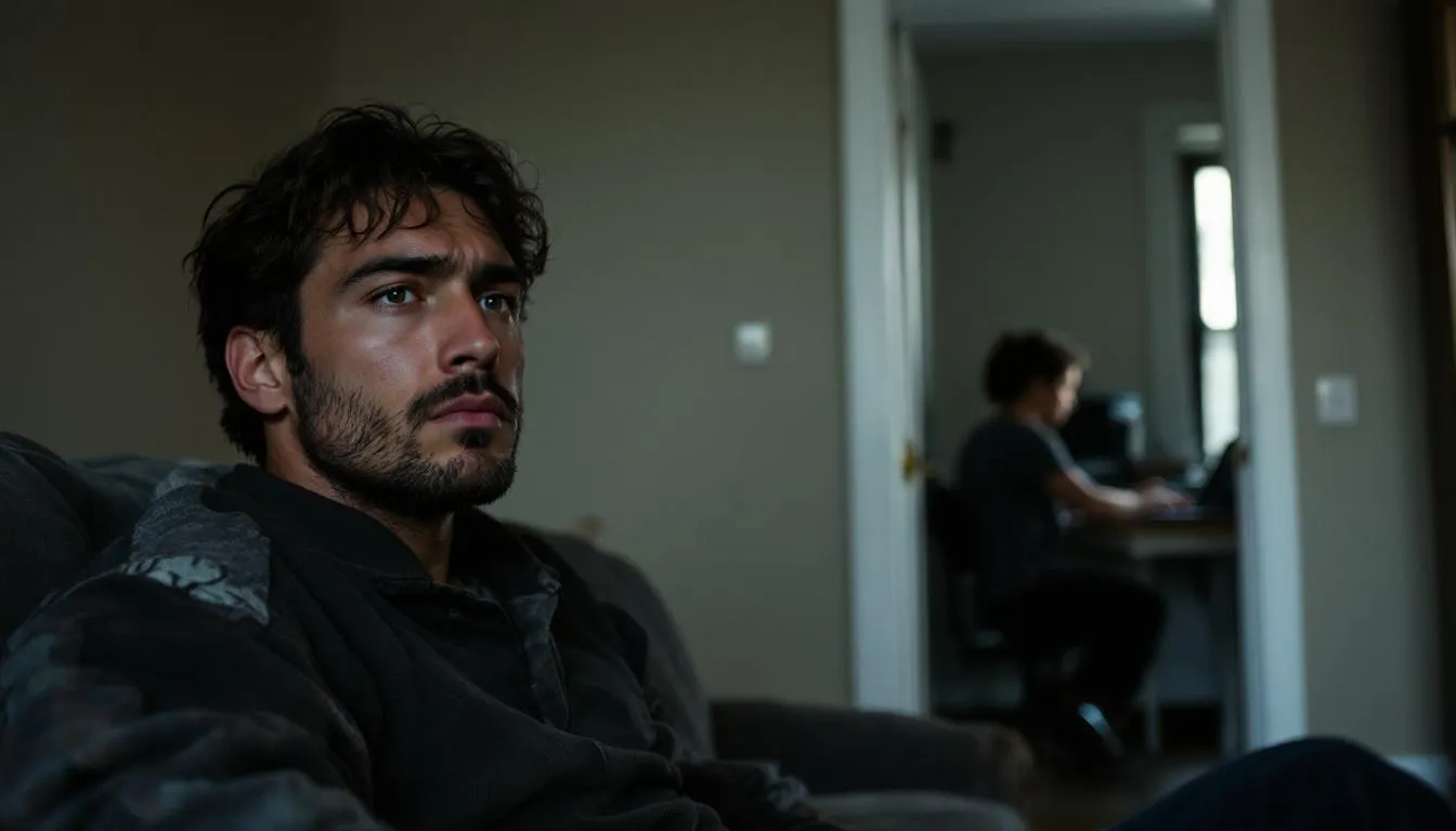 In a modest NYC apartment, a person sits alone on a bed, appearing thoughtful or anxious, while their partner is seen in the next room, engaged in work or reading. This scene captures the emotional distance and relationship dynamics, highlighting the pursuer distancer pattern common in intimate relationships.