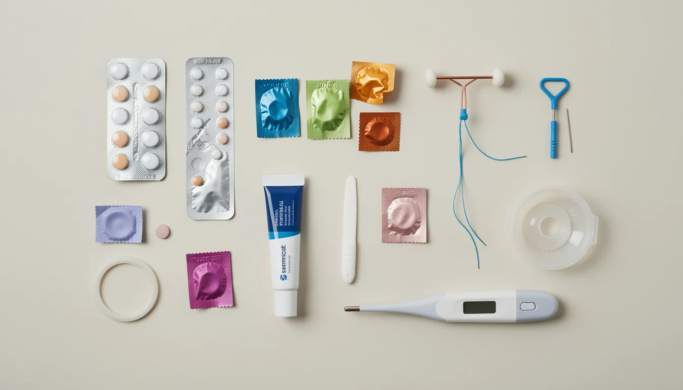 L'image montre différentes formes de contraception, telles que des pilules, des préservatifs et des stérilets, soigneusement disposées sur une surface claire. Ces moyens de contraception sont essentiels pour la santé des femmes et peuvent influencer des facteurs de risque comme les maux de tête ou les crises de migraine.