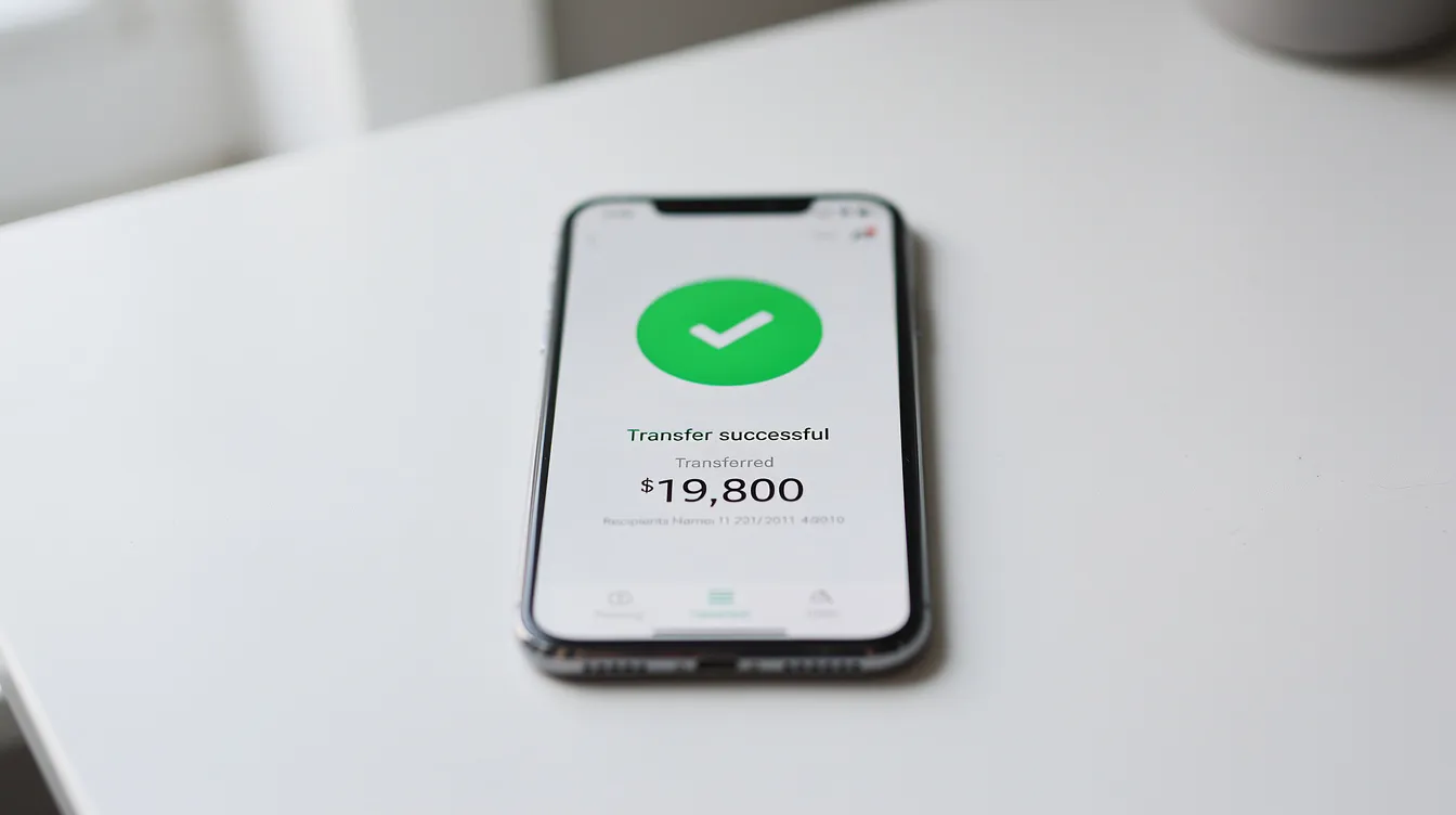 A smartphone shows a money transfer confirmation screen featuring a green checkmark, indicating that the funds have been successfully sent to the recipient's bank account. This image represents the ease of sending money online, highlighting the security and efficiency of international money transfers.